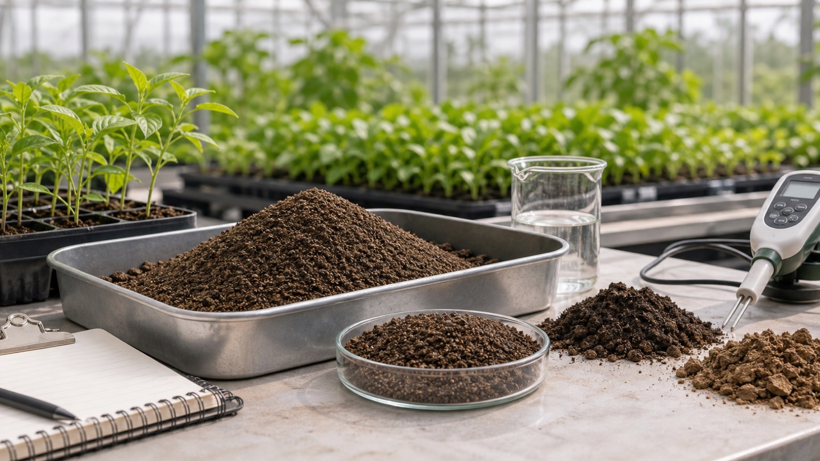 BSF frass fertilizer, soil samples, seedlings, and soil testing tools on a greenhouse bench