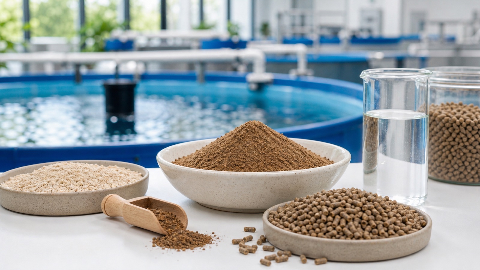 BSF Meal, aquafeed pellets, fishmeal comparison sample, and water tank cues for aquafeed evaluation