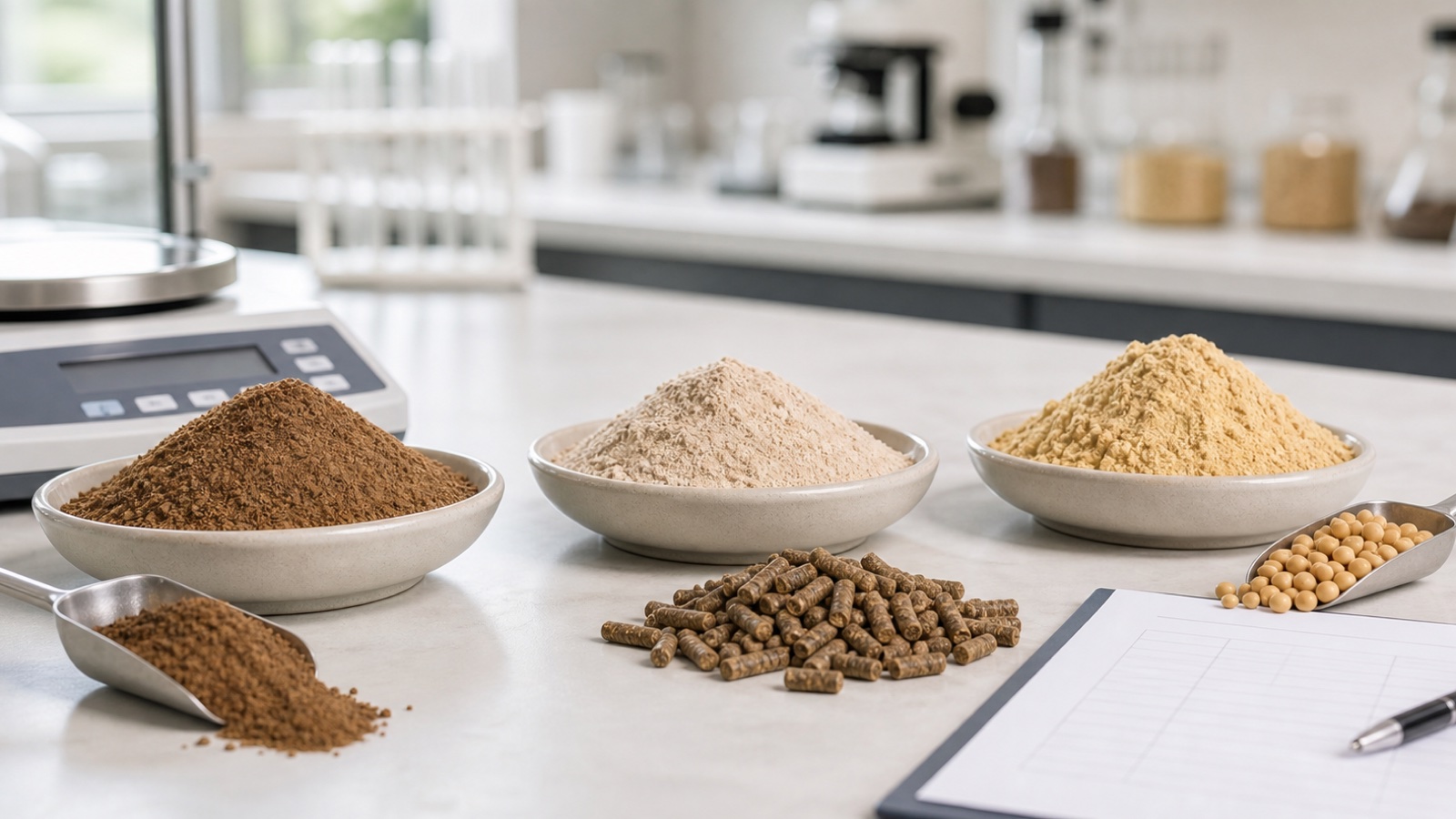BSF Meal, fishmeal-style powder, soybean meal, feed pellets, and a scale on a formulation bench