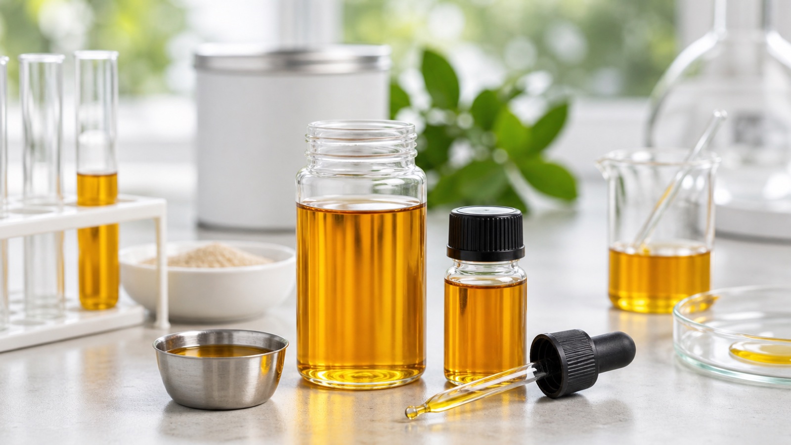 Amber BSF Oil samples and quality-control glassware for animal nutrition formulation