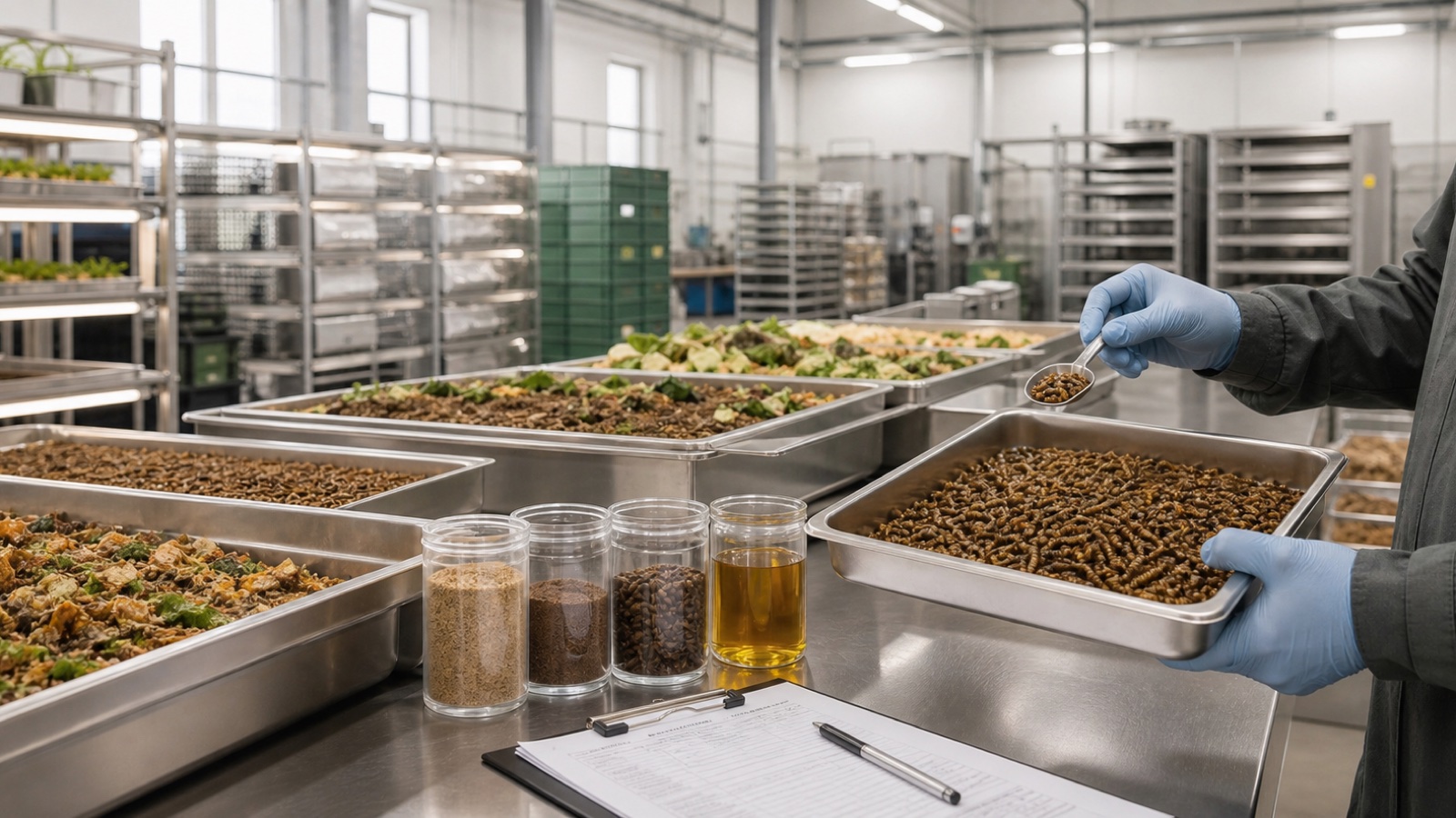 Clean controlled BSF production facility with rearing trays and quality-control sampling