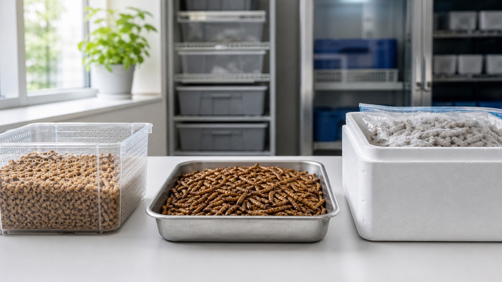 Fresh, dried, and frozen BSF larvae formats displayed for buyer comparison