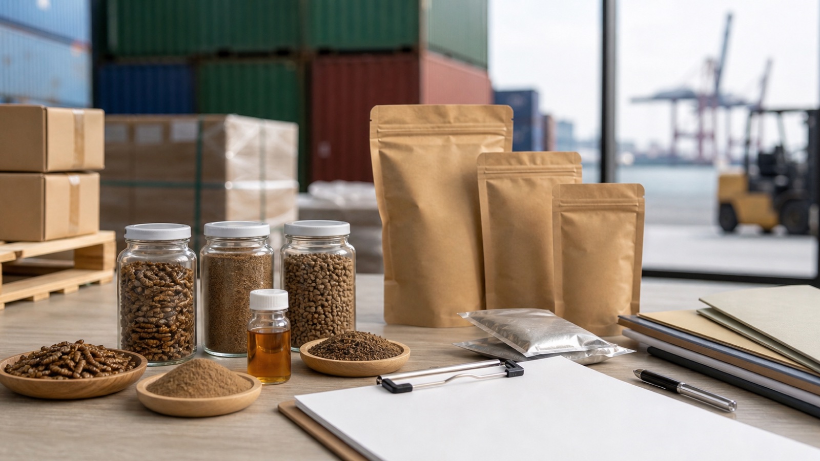 BSF ingredient samples, neutral packaging, and export sourcing materials for global buyers