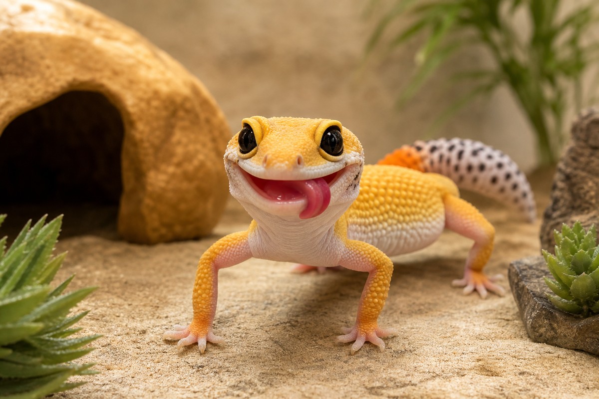 Leopard gecko in a clean pet-care setting